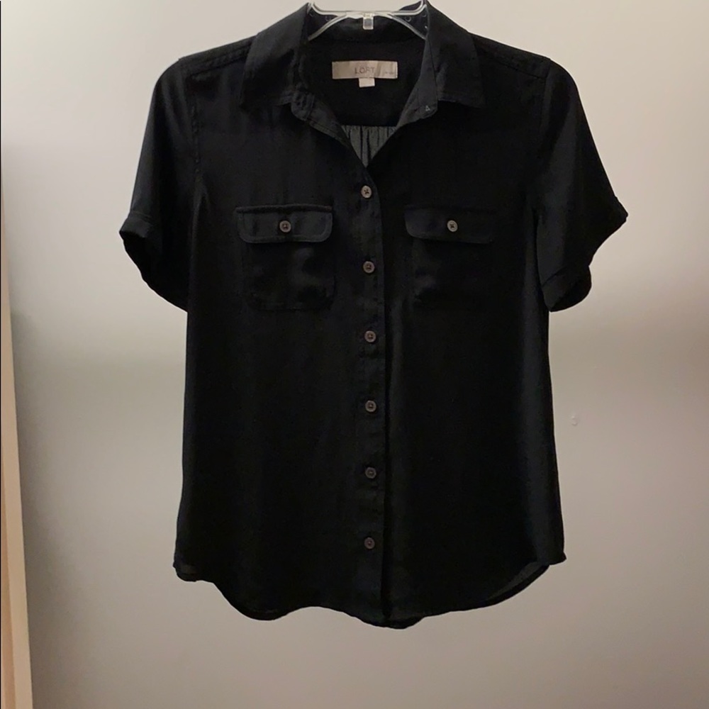 LOFT black button up silk blouse with collar